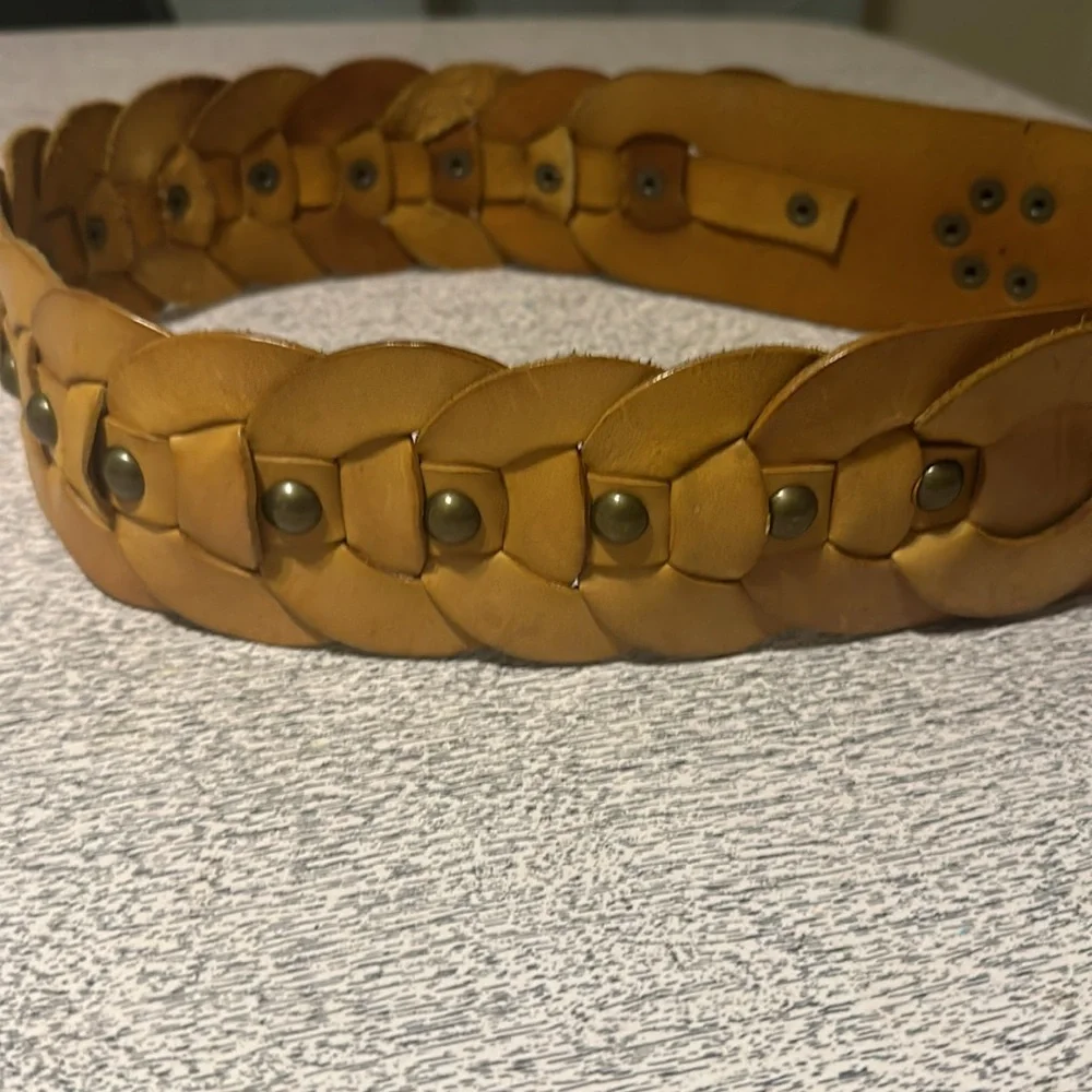 Betsey Johnson Studded Braided Leather Belt in Tan